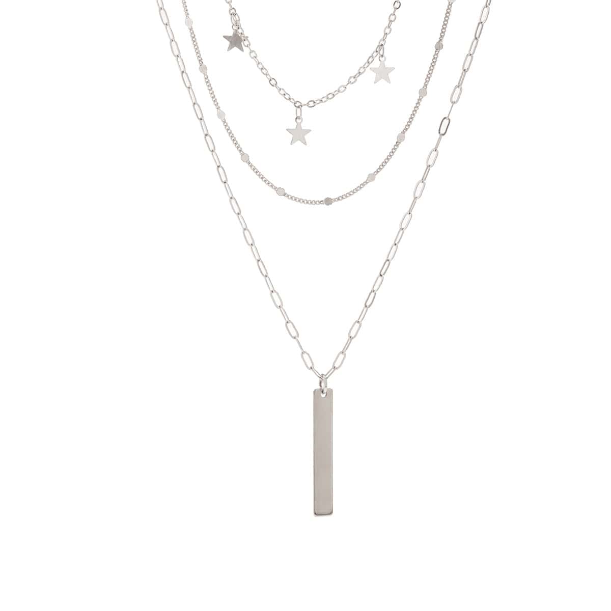 Trendy Layered Star Tassel Bar Pendant Cable Chain Necklace Set - ArtGalleryZen