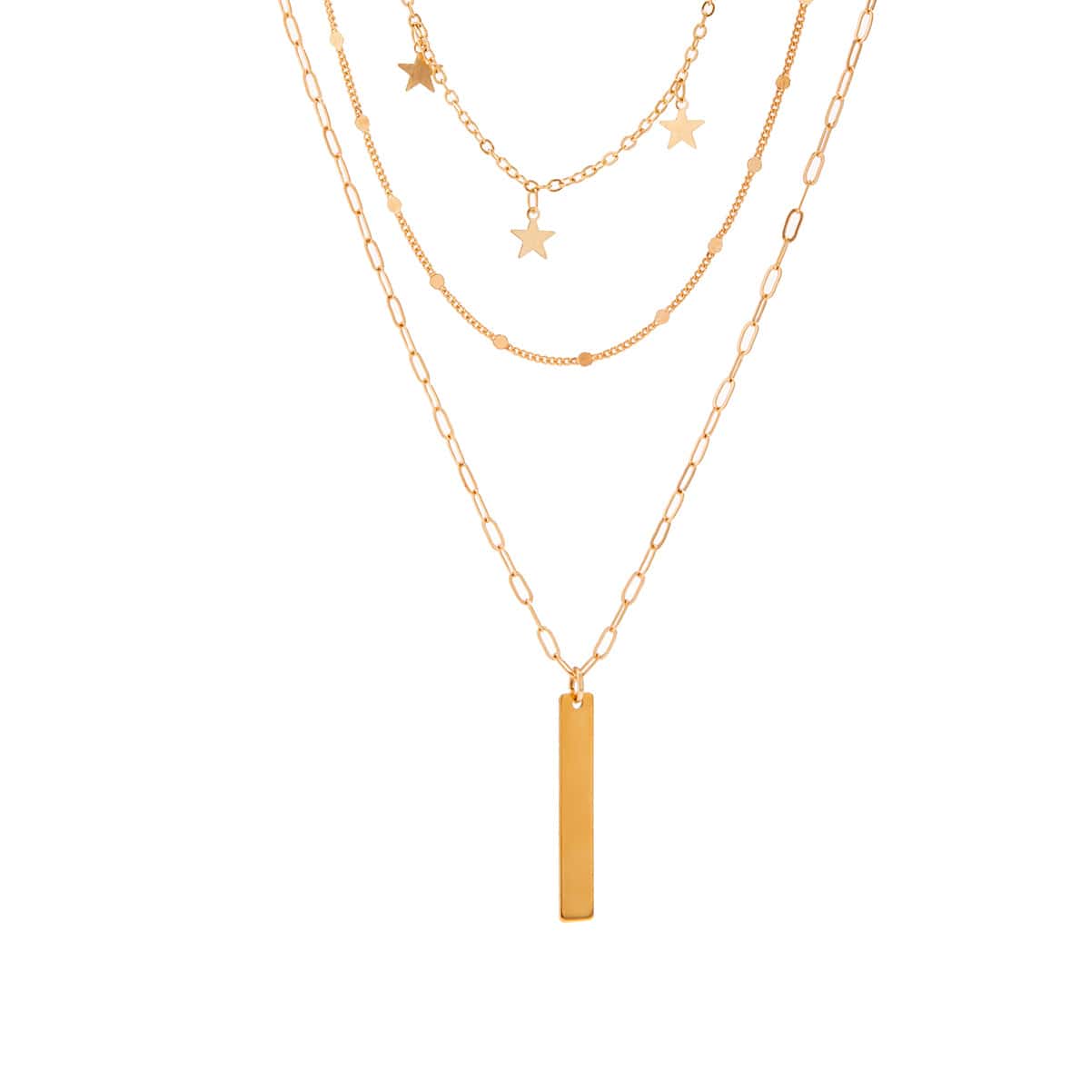 Trendy Layered Star Tassel Bar Pendant Cable Chain Necklace Set - ArtGalleryZen