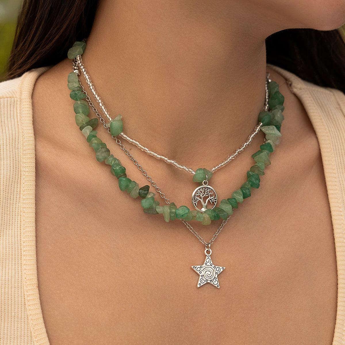 Trendy Layered Star Tree Pendant Turquoise Stone Seed Beaded Chain Necklace Set