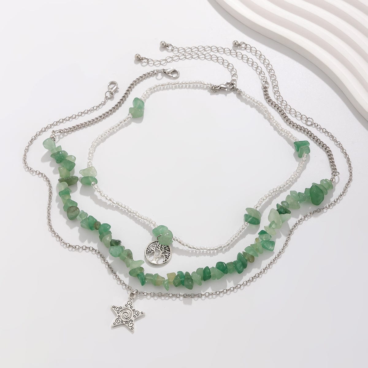 Trendy Layered Star Tree Pendant Turquoise Stone Seed Beaded Chain Necklace Set