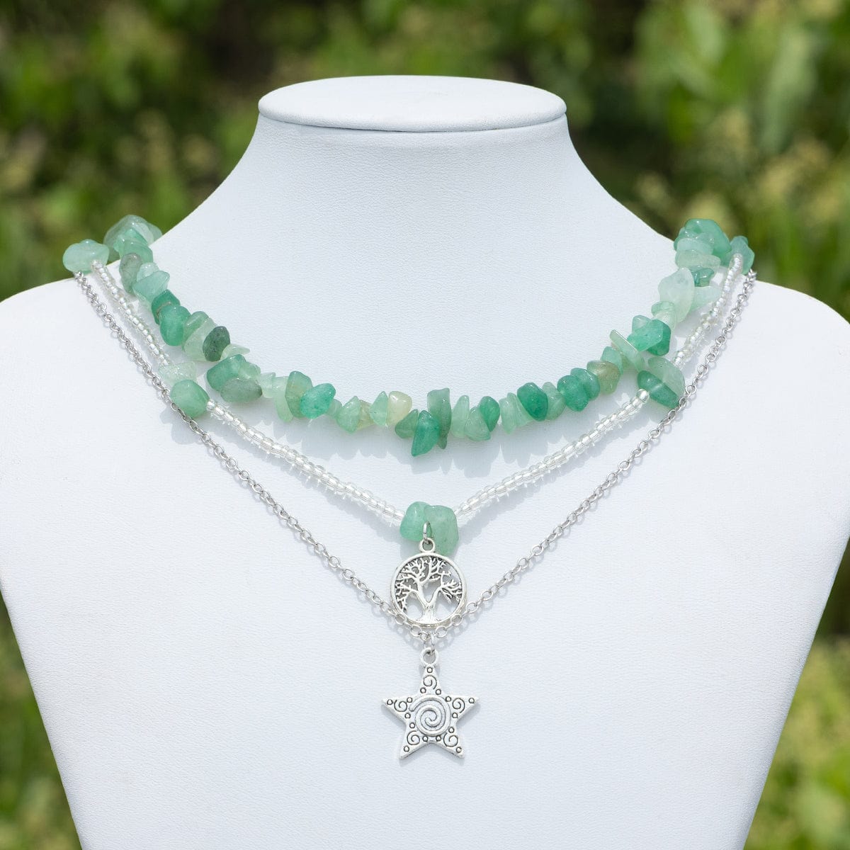 Trendy Layered Star Tree Pendant Turquoise Stone Seed Beaded Chain Necklace Set