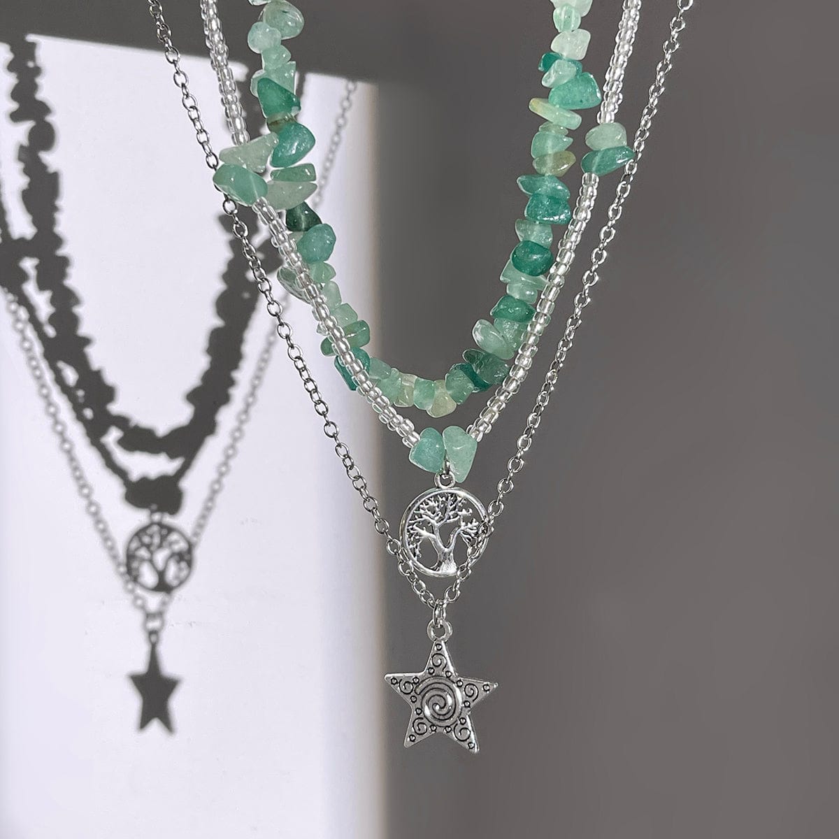 Trendy Layered Star Tree Pendant Turquoise Stone Seed Beaded Chain Necklace Set