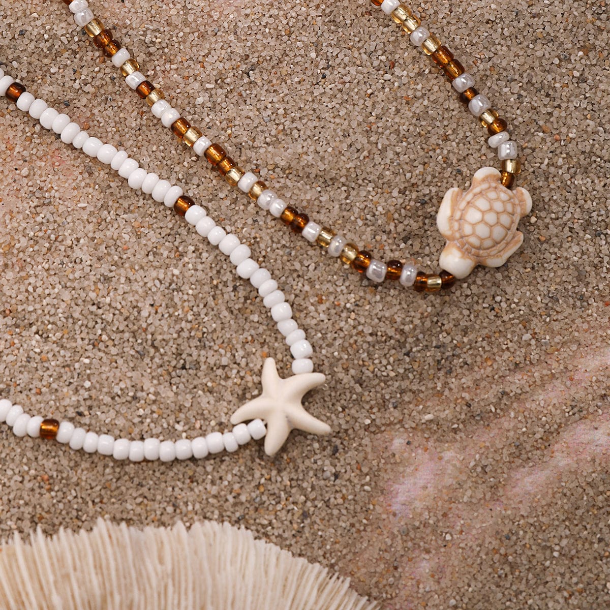 Trendy Layered Starfish Turtle Seed Bead Necklace Set - ArtGalleryZen