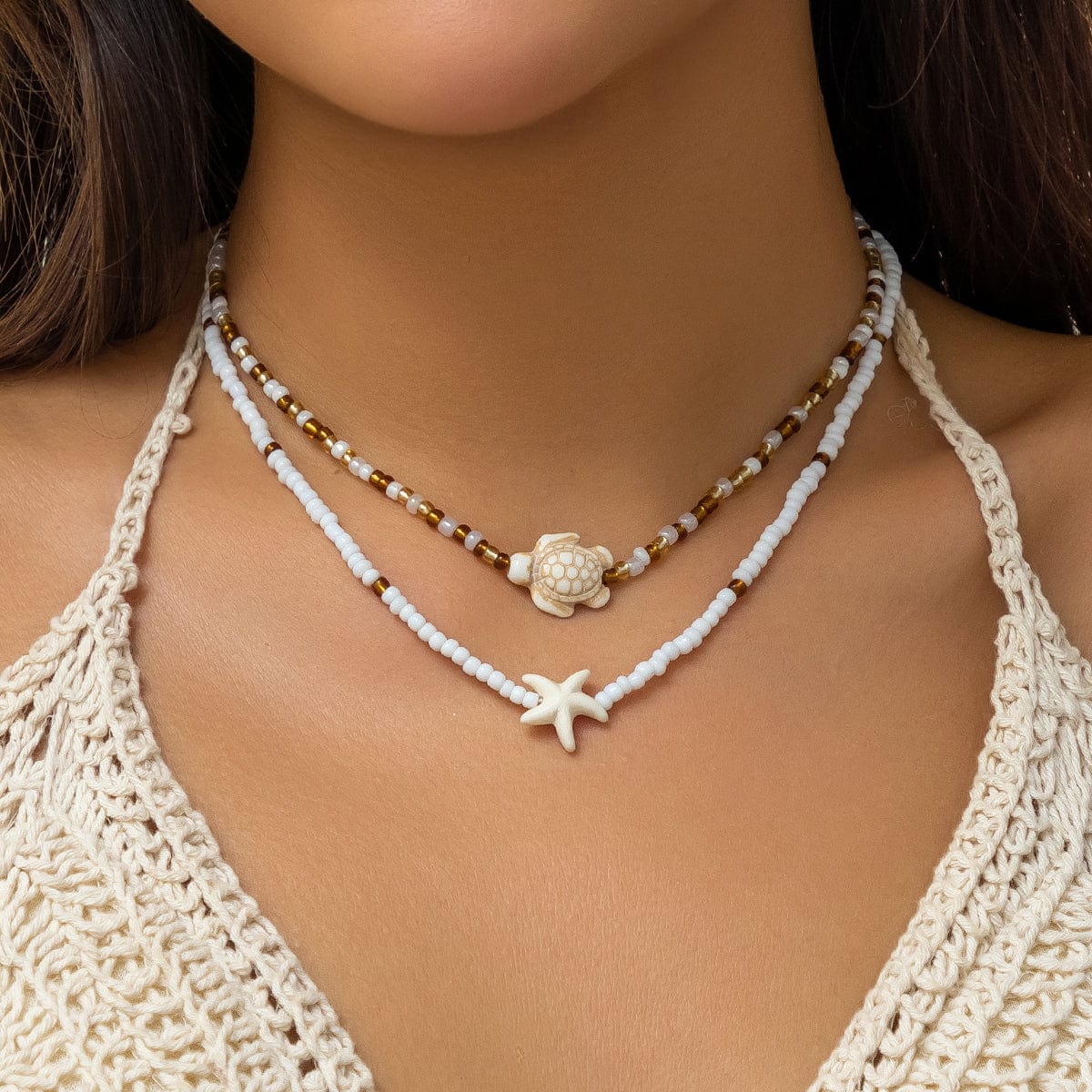 Trendy Layered Starfish Turtle Seed Bead Necklace Set - ArtGalleryZen