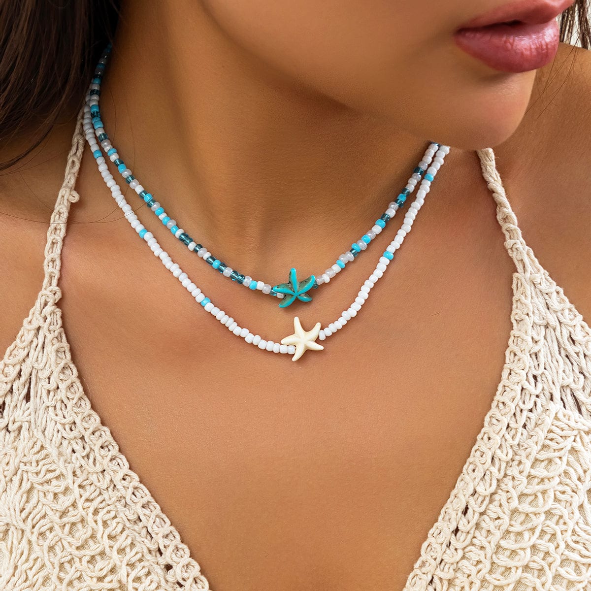 Trendy Layered Starfish Turtle Seed Bead Necklace Set - ArtGalleryZen