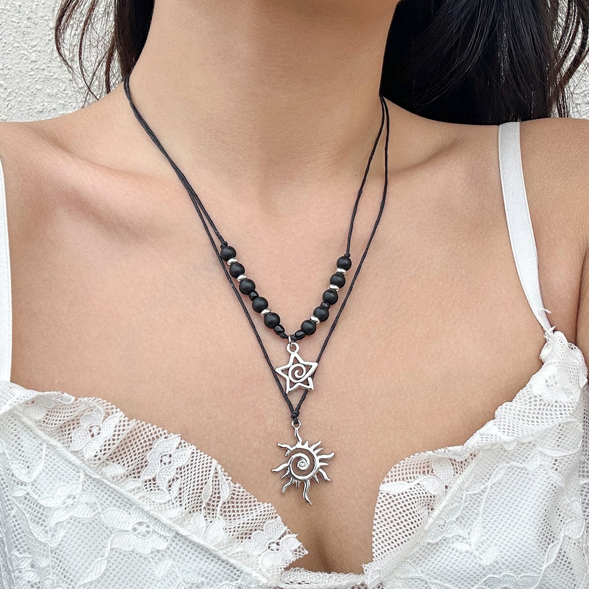Trendy Layered Sun Star Pendant Wax Cord String Necklace Set - ArtGalleryZen