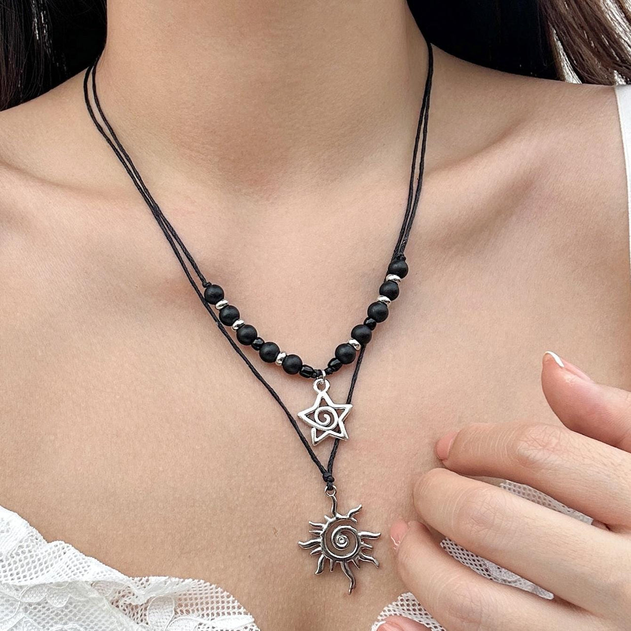 Trendy Layered Sun Star Pendant Wax Cord String Necklace Set