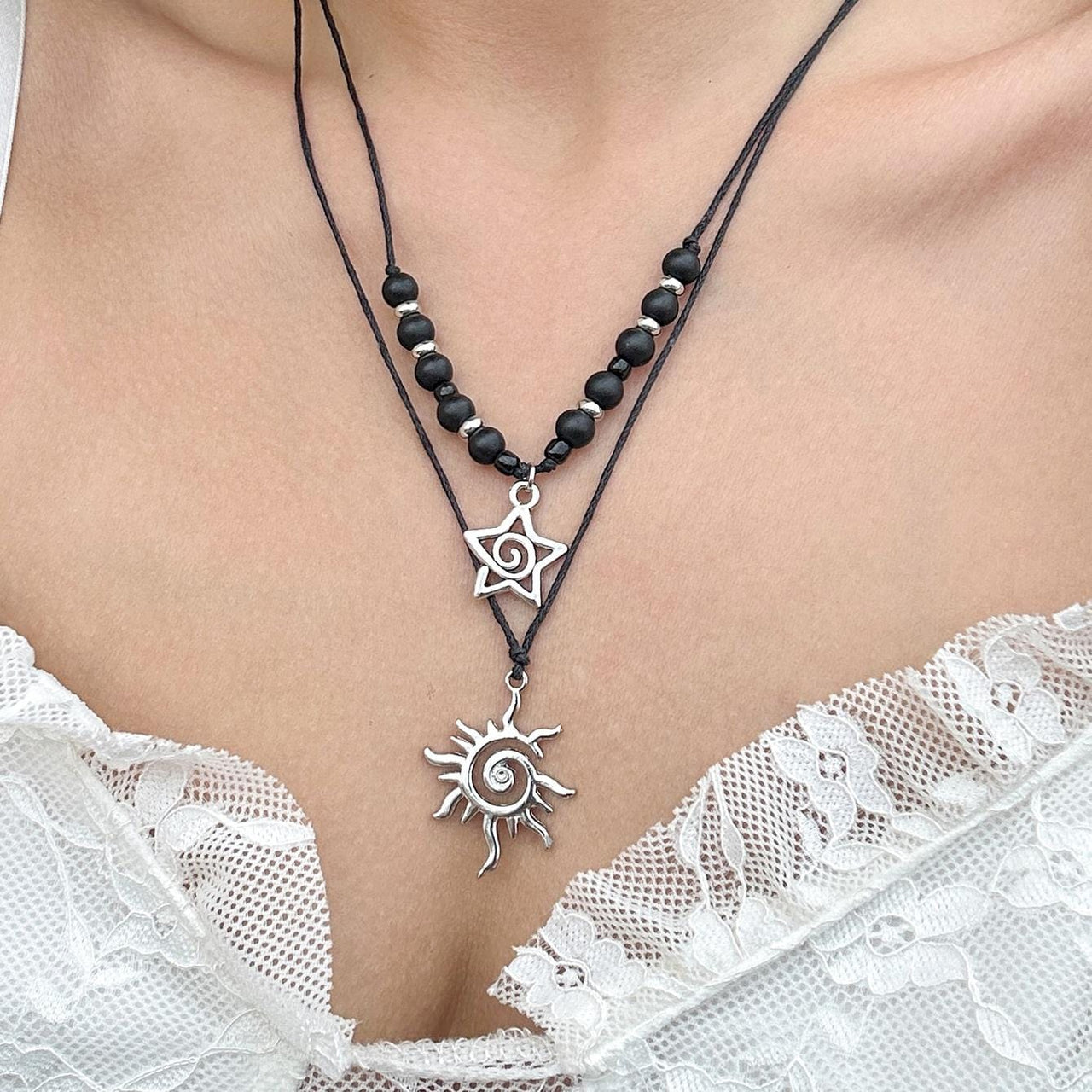 Trendy Layered Sun Star Pendant Wax Cord String Necklace Set