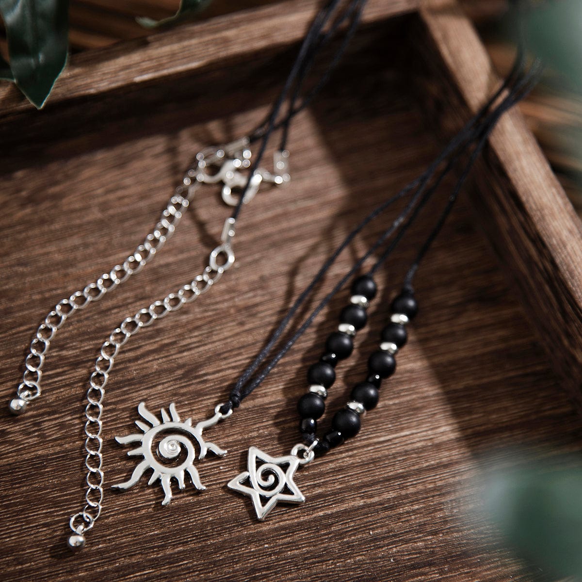 Trendy Layered Sun Star Pendant Wax Cord String Necklace Set