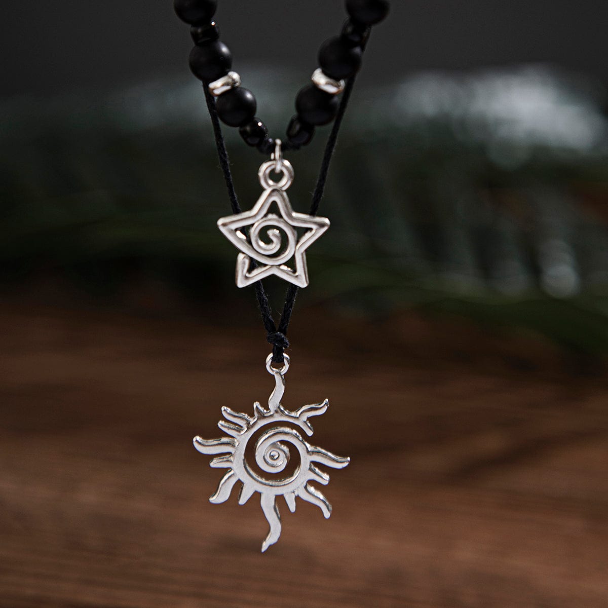 Trendy Layered Sun Star Pendant Wax Cord String Necklace Set