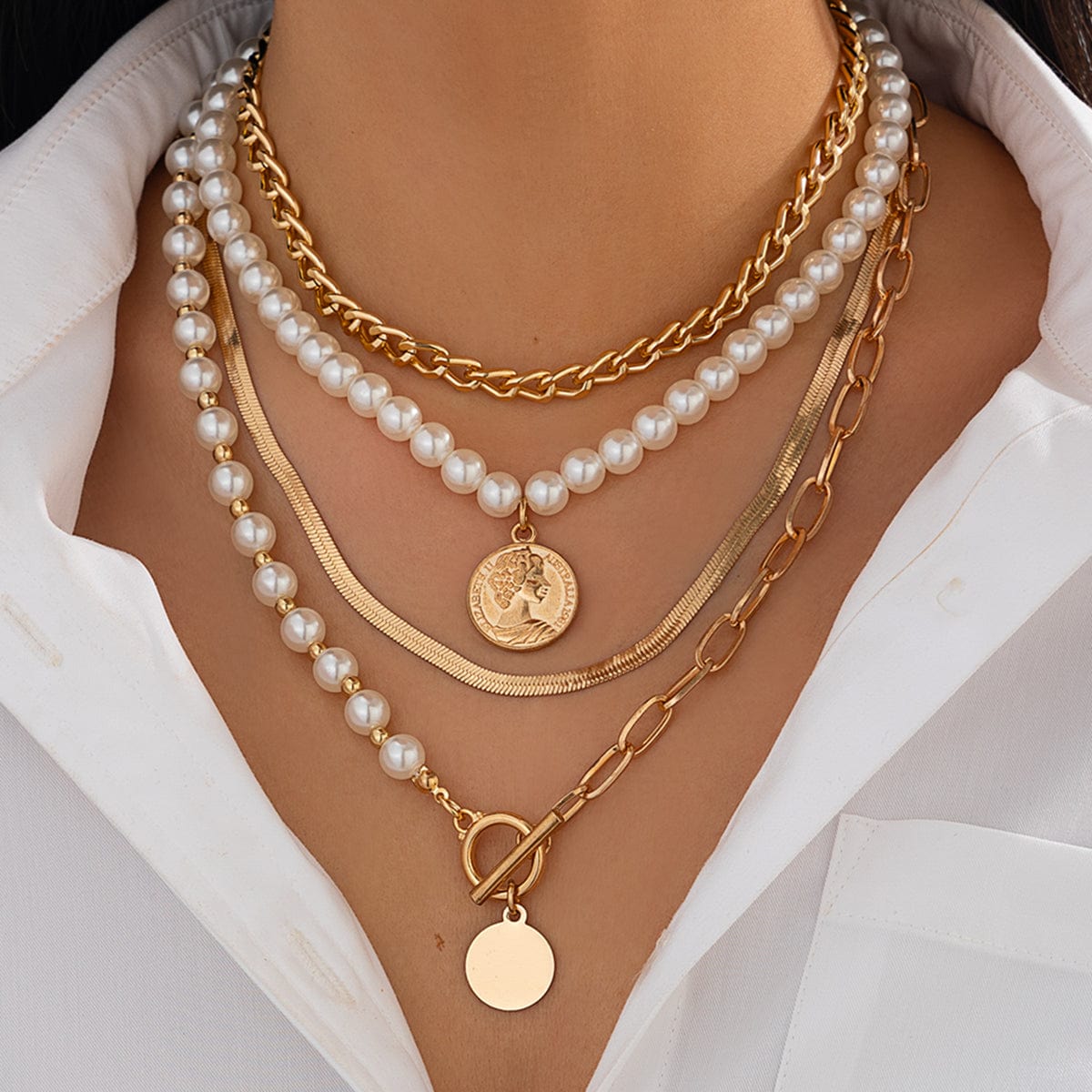 Trendy Layered Toggle Clasp Relief Round Disk Pendant Pearl Chain Necklace Set