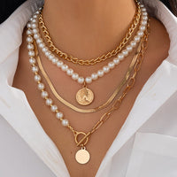 Thumbnail for Trendy Layered Toggle Clasp Relief Round Disk Pendant Pearl Chain Necklace Set