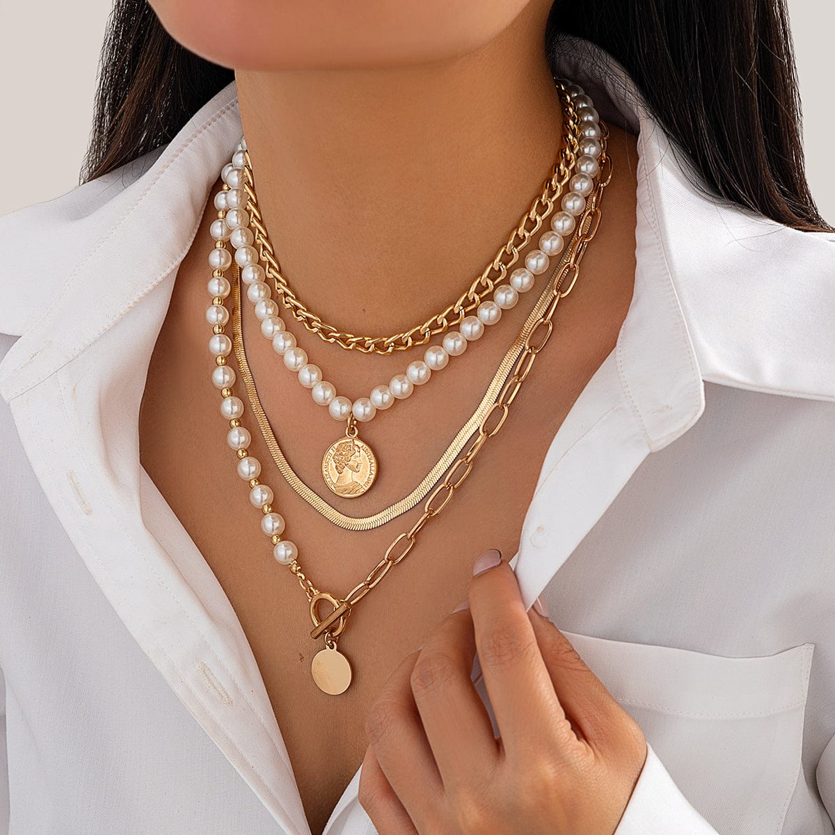 Trendy Layered Toggle Clasp Relief Round Disk Pendant Pearl Chain Necklace Set