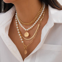 Thumbnail for Trendy Layered Toggle Clasp Relief Round Disk Pendant Pearl Chain Necklace Set