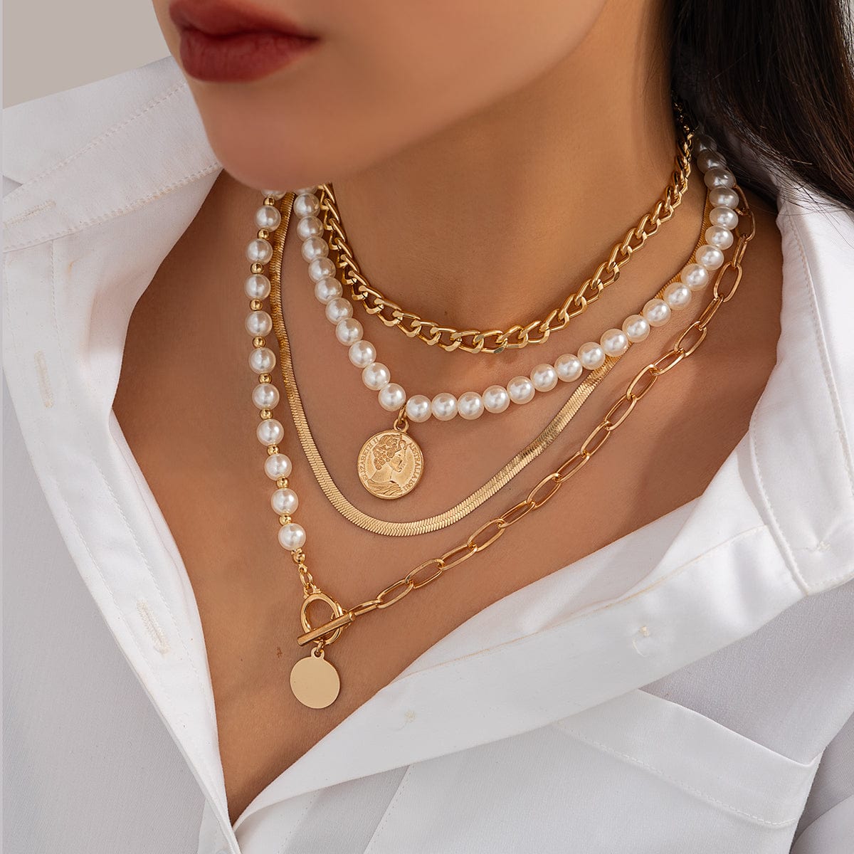 Trendy Layered Toggle Clasp Relief Round Disk Pendant Pearl Chain Necklace Set