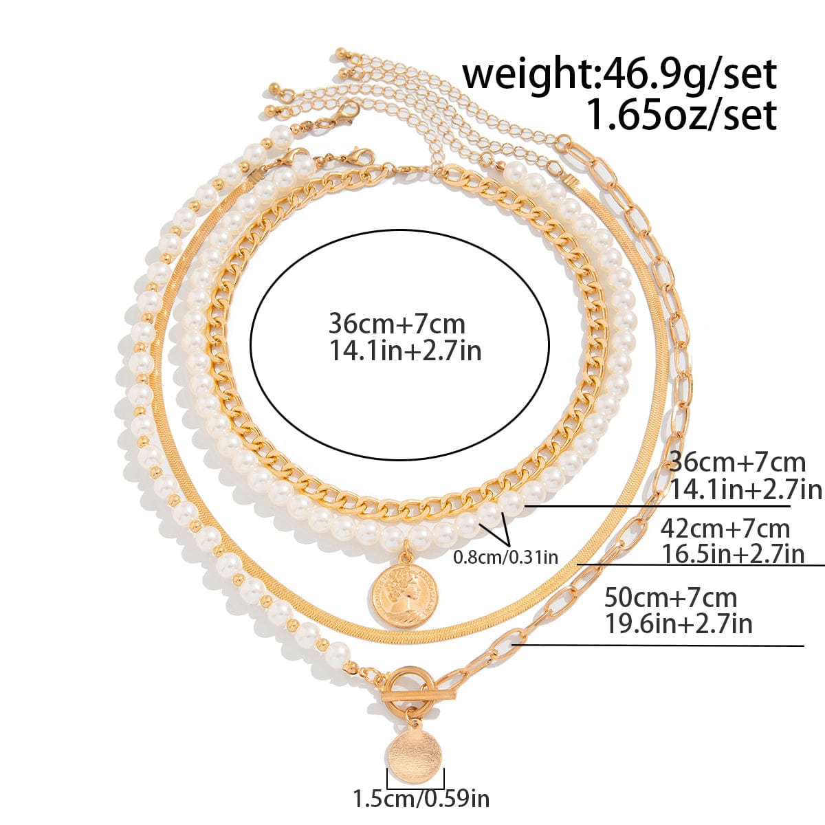 Trendy Layered Toggle Clasp Relief Round Disk Pendant Pearl Chain Necklace Set