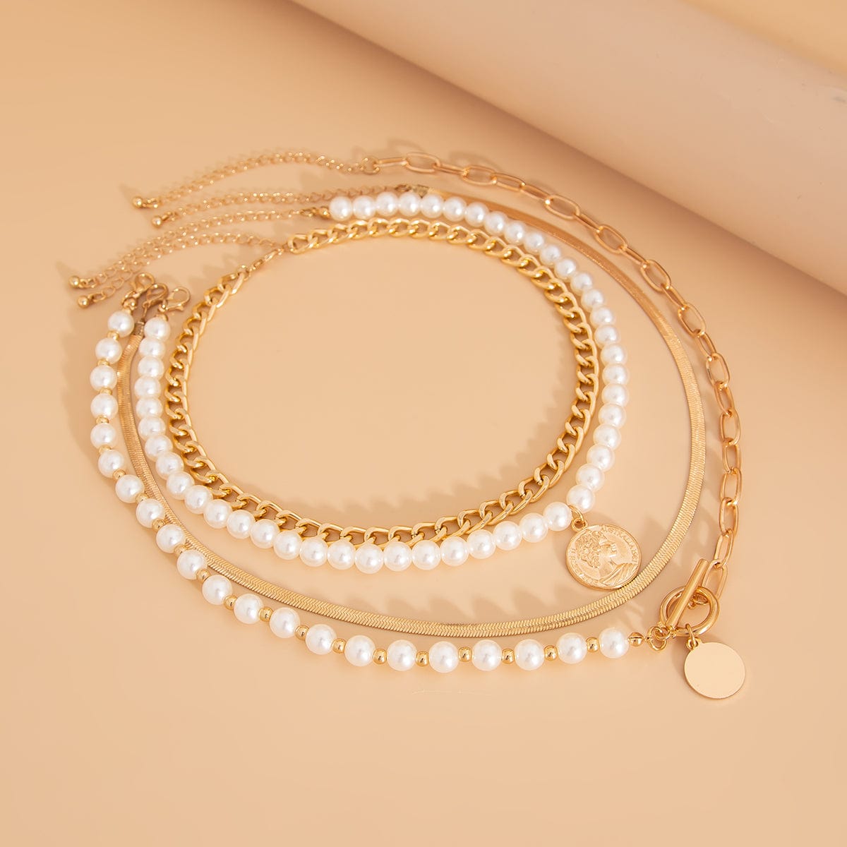 Trendy Layered Toggle Clasp Relief Round Disk Pendant Pearl Chain Necklace Set