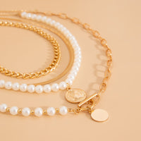 Thumbnail for Trendy Layered Toggle Clasp Relief Round Disk Pendant Pearl Chain Necklace Set