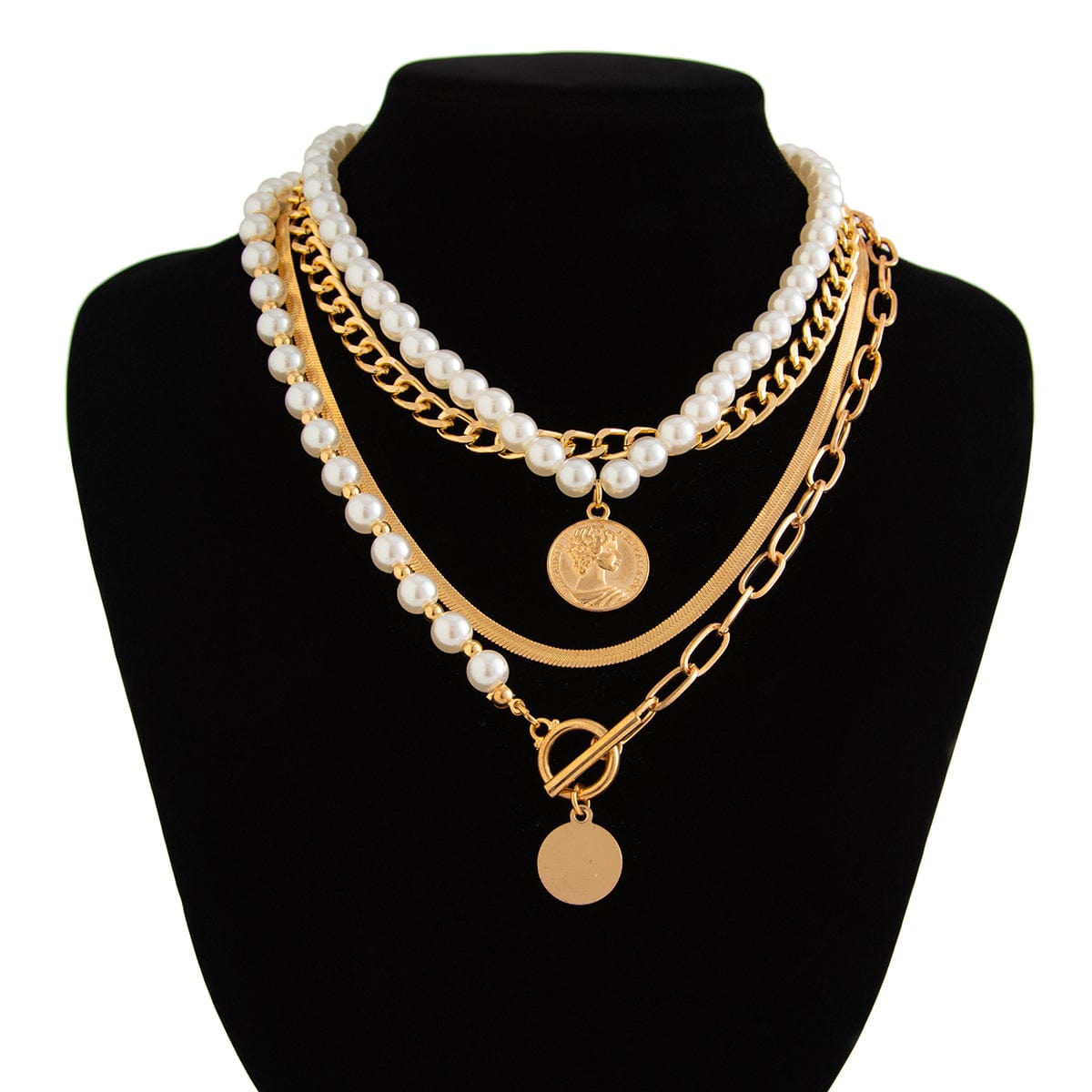 Trendy Layered Toggle Clasp Relief Round Disk Pendant Pearl Chain Necklace Set