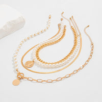 Thumbnail for Trendy Layered Toggle Clasp Relief Round Disk Pendant Pearl Chain Necklace Set