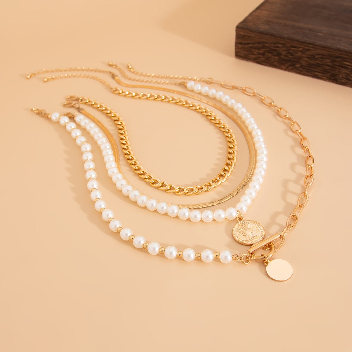 Trendy Layered Toggle Clasp Relief Round Disk Pendant Pearl Chain Necklace Set