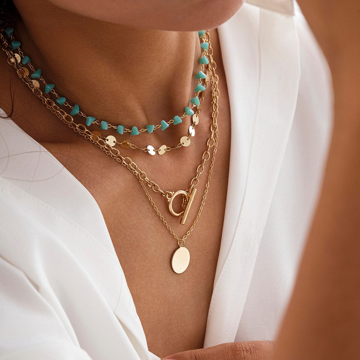 Trendy Layered Toggle Clasp Round Disk Pendant Crystal Stone Necklace Set - ArtGalleryZen