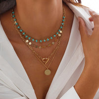 Thumbnail for Trendy Layered Toggle Clasp Round Disk Pendant Crystal Stone Necklace Set - ArtGalleryZen