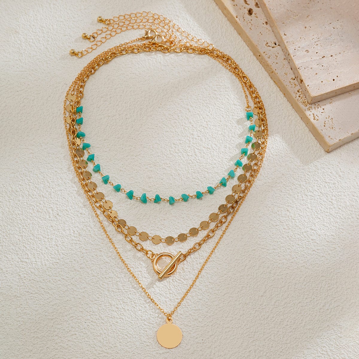 Trendy Layered Toggle Clasp Round Disk Pendant Crystal Stone Necklace Set - ArtGalleryZen