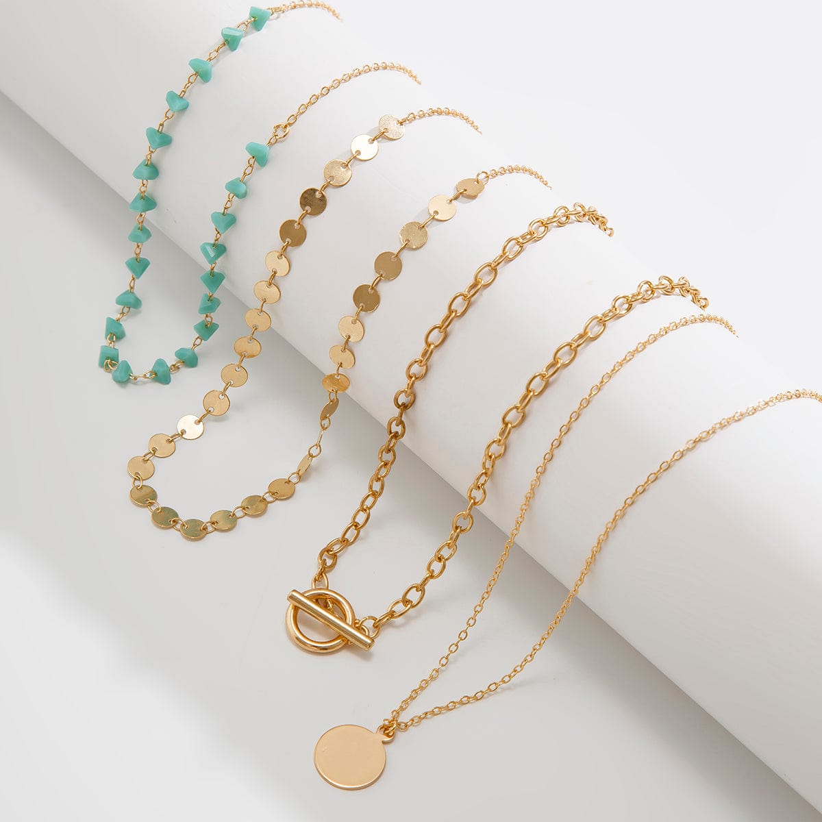 Trendy Layered Toggle Clasp Round Disk Pendant Crystal Stone Necklace Set - ArtGalleryZen