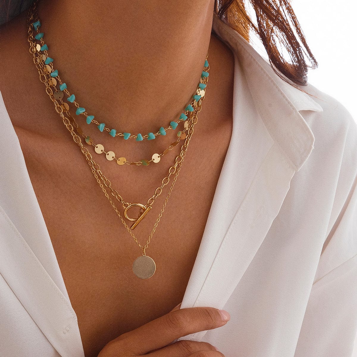 Trendy Layered Toggle Clasp Round Disk Pendant Crystal Stone Necklace Set - ArtGalleryZen