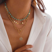 Thumbnail for Trendy Layered Toggle Clasp Round Disk Pendant Crystal Stone Necklace Set - ArtGalleryZen