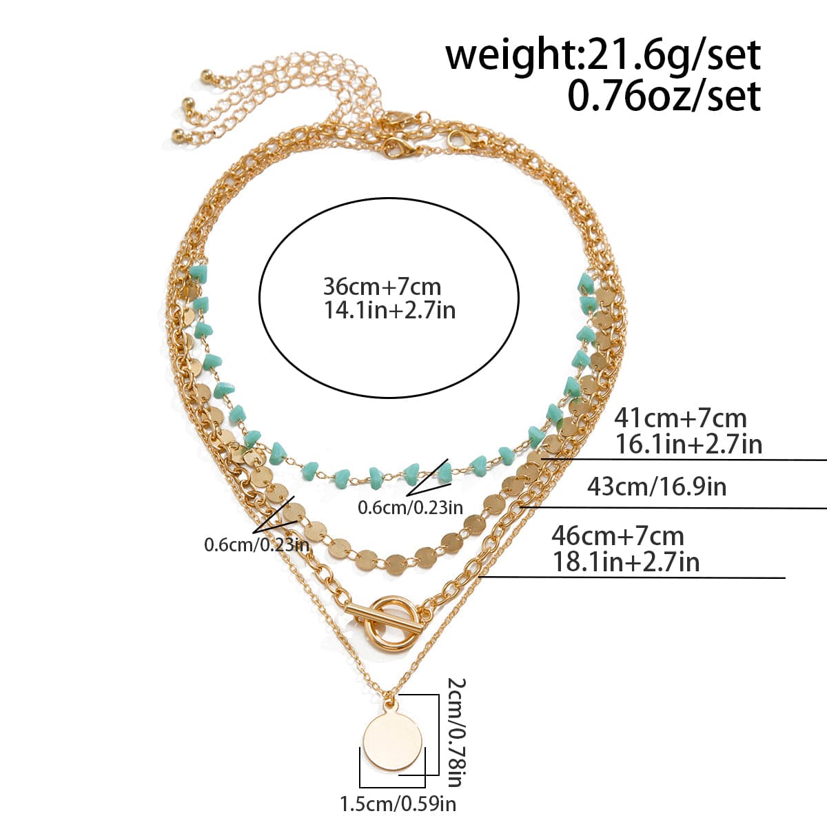 Trendy Layered Toggle Clasp Round Disk Pendant Crystal Stone Necklace Set - ArtGalleryZen