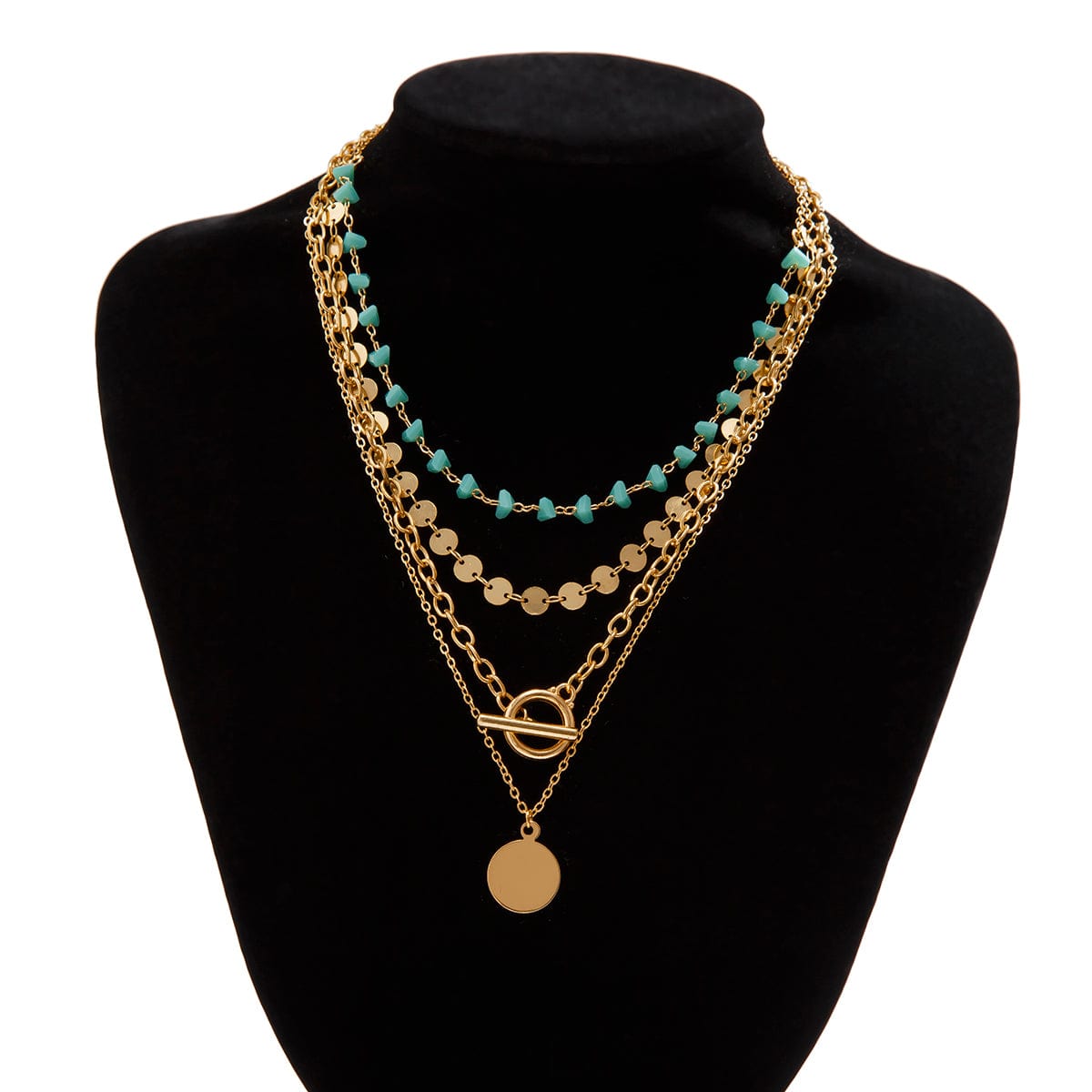 Trendy Layered Toggle Clasp Round Disk Pendant Crystal Stone Necklace Set - ArtGalleryZen