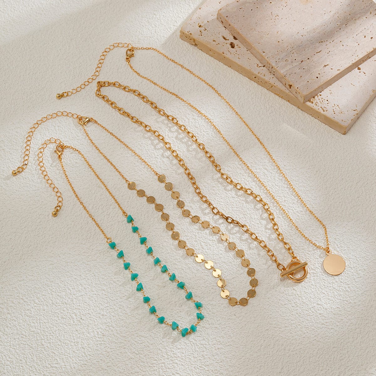 Trendy Layered Toggle Clasp Round Disk Pendant Crystal Stone Necklace Set - ArtGalleryZen