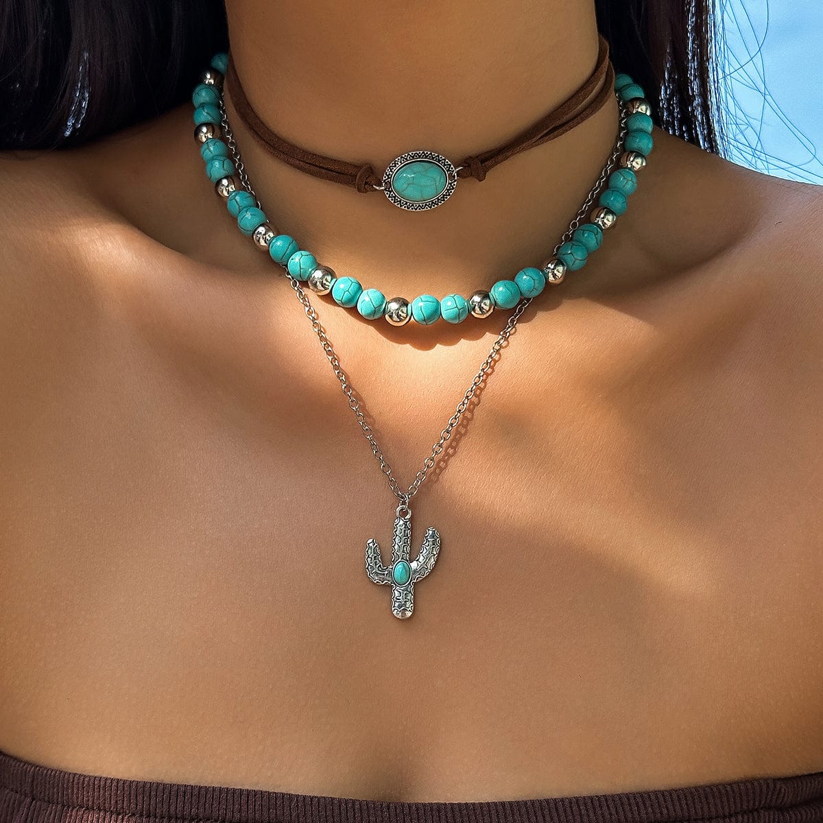 Trendy Layered Turquoise Cactus Pendant Velvet Necklace Set - ArtGalleryZen