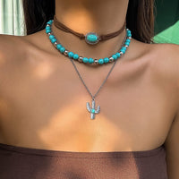 Thumbnail for Trendy Layered Turquoise Cactus Pendant Velvet Necklace Set - ArtGalleryZen