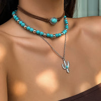 Thumbnail for Trendy Layered Turquoise Cactus Pendant Velvet Necklace Set - ArtGalleryZen