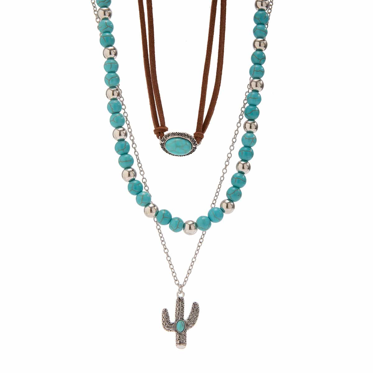 Trendy Layered Turquoise Cactus Pendant Velvet Necklace Set - ArtGalleryZen