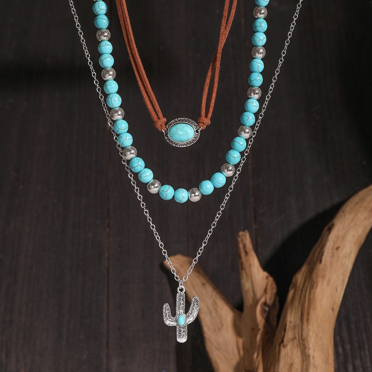 Trendy Layered Turquoise Cactus Pendant Velvet Necklace Set - ArtGalleryZen