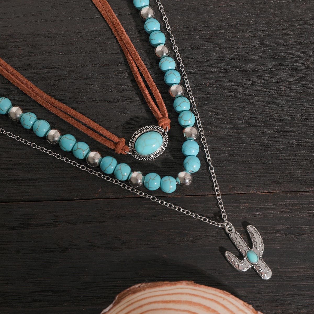 Trendy Layered Turquoise Cactus Pendant Velvet Necklace Set - ArtGalleryZen