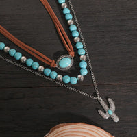 Thumbnail for Trendy Layered Turquoise Cactus Pendant Velvet Necklace Set - ArtGalleryZen