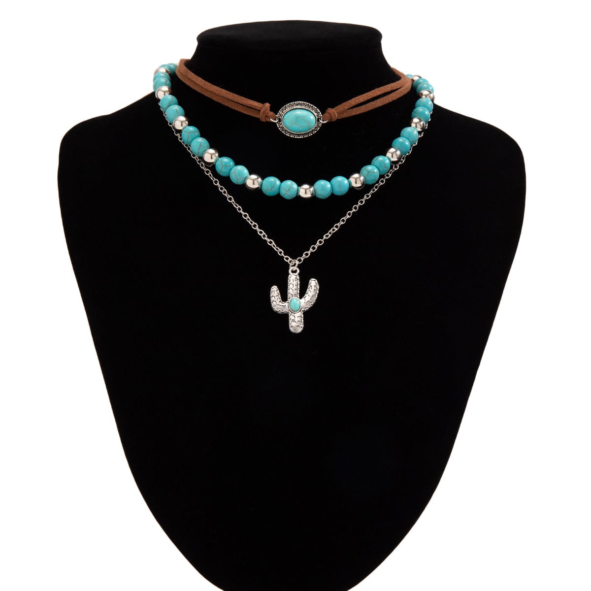 Trendy Layered Turquoise Cactus Pendant Velvet Necklace Set - ArtGalleryZen