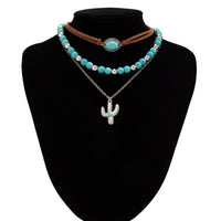 Thumbnail for Trendy Layered Turquoise Cactus Pendant Velvet Necklace Set - ArtGalleryZen