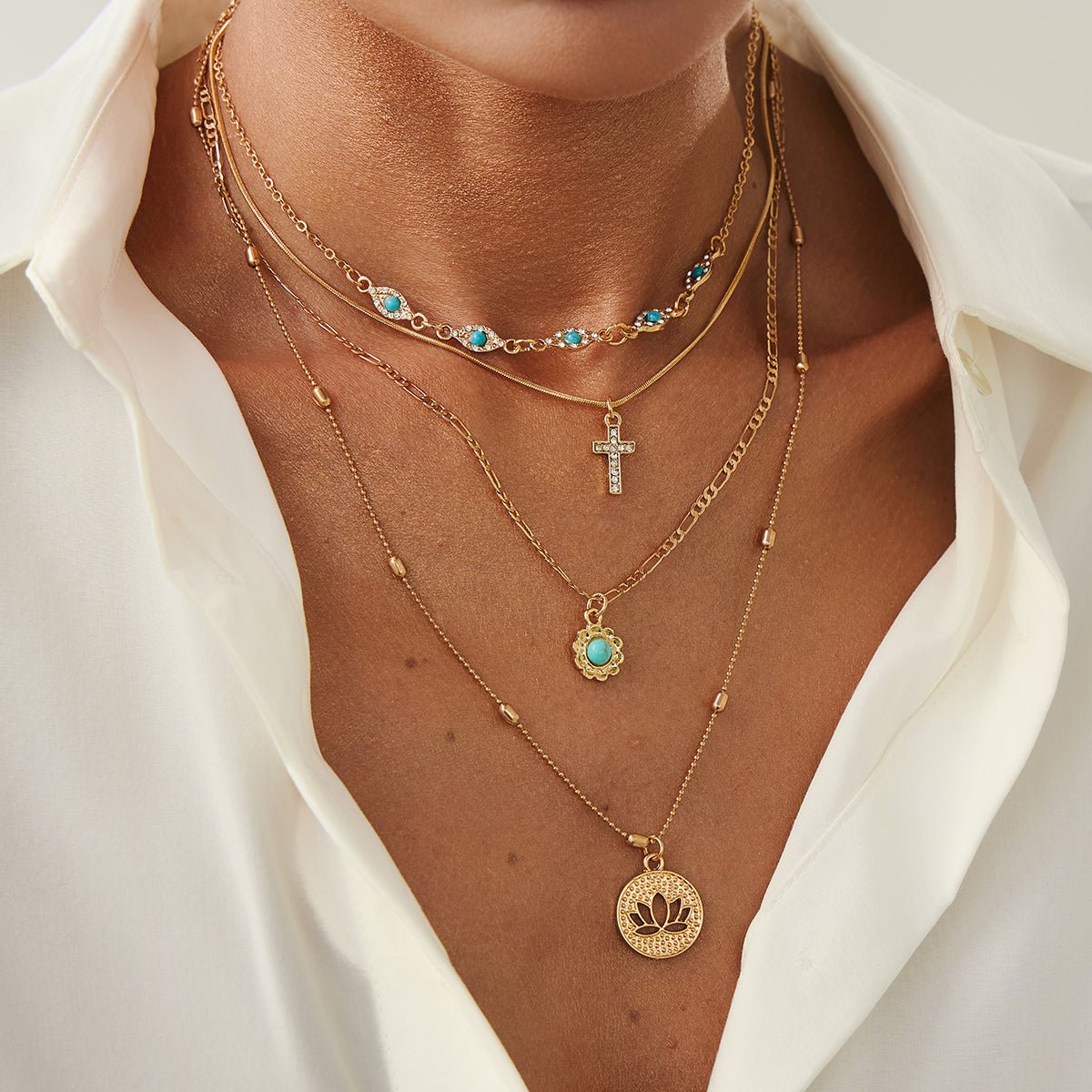 Trendy Layered Turquoise Inlaid Lotus Round Disk Cross Pendant Necklace Set - ArtGalleryZen