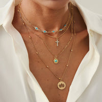 Thumbnail for Trendy Layered Turquoise Inlaid Lotus Round Disk Cross Pendant Necklace Set - ArtGalleryZen