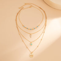 Thumbnail for Trendy Layered Turquoise Inlaid Lotus Round Disk Cross Pendant Necklace Set - ArtGalleryZen