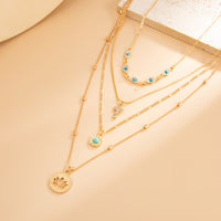 Thumbnail for Trendy Layered Turquoise Inlaid Lotus Round Disk Cross Pendant Necklace Set - ArtGalleryZen