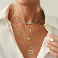 Thumbnail for Trendy Layered Turquoise Inlaid Lotus Round Disk Cross Pendant Necklace Set - ArtGalleryZen
