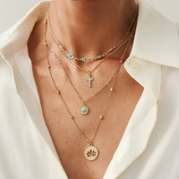 Thumbnail for Trendy Layered Turquoise Inlaid Lotus Round Disk Cross Pendant Necklace Set - ArtGalleryZen