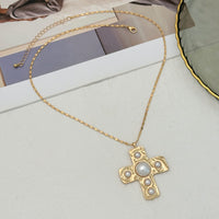 Thumbnail for Trendy Pearl Inlaid Cross Pendant Choker Necklace - ArtGalleryZen